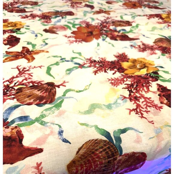Vtg Waverly? Coastal Tablecloth Seashells Coral Cotton Rectangular Table Top - Picture 6 of 11